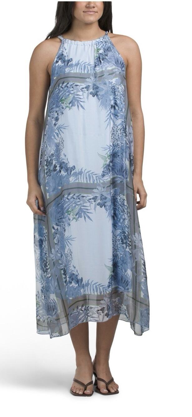 NWT Le Ragazze Made In Italy Silk Blend Flowy Halter Neck Blue Maxi Dress Lg.